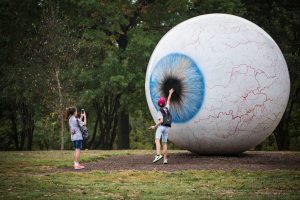 Students standing in front of a giant eyeball sculpture at Laumeier Sculpture Park